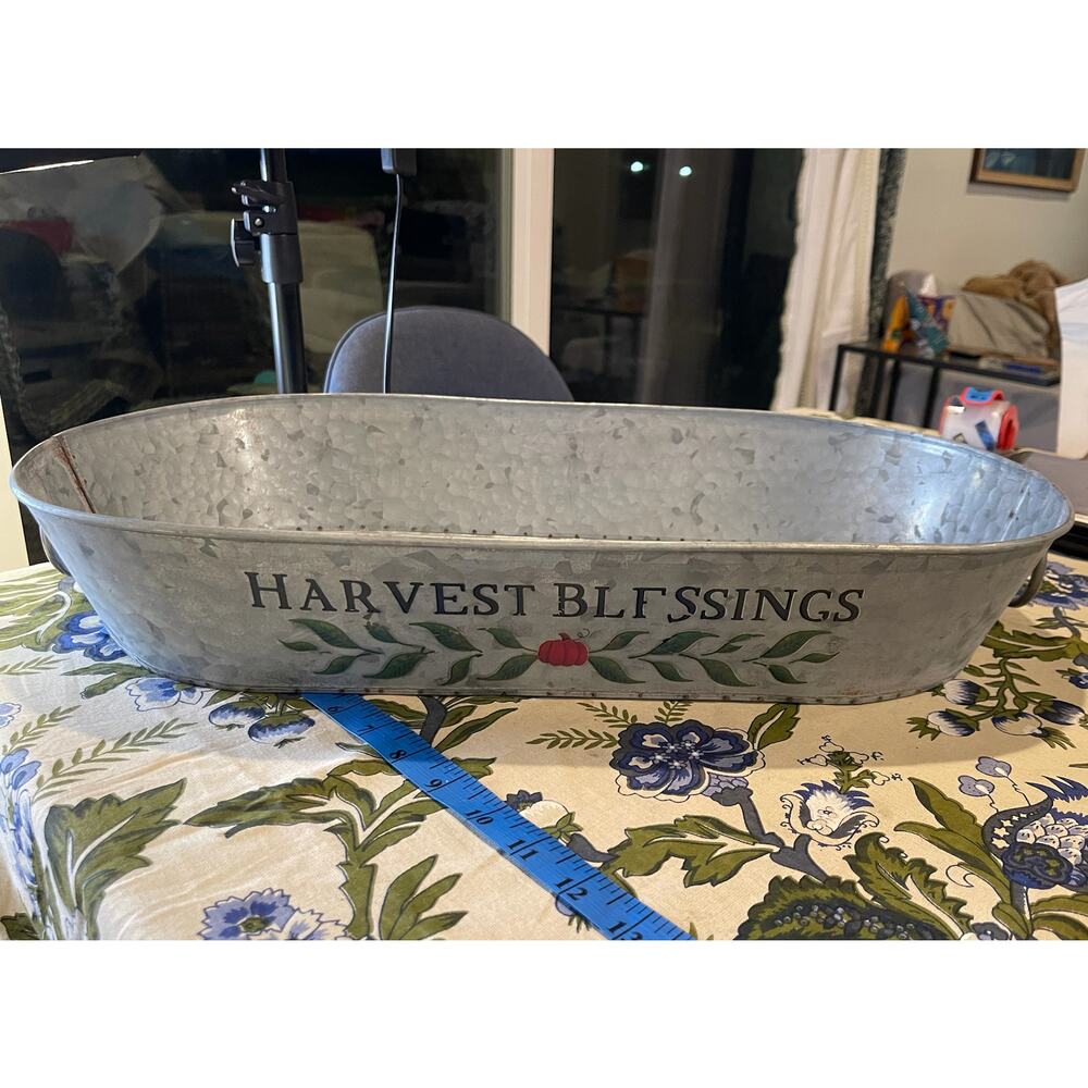 Vintage Harvest Blessings Metal Tin Oval Troth Fall Autumn‎ Thanksgiving Country